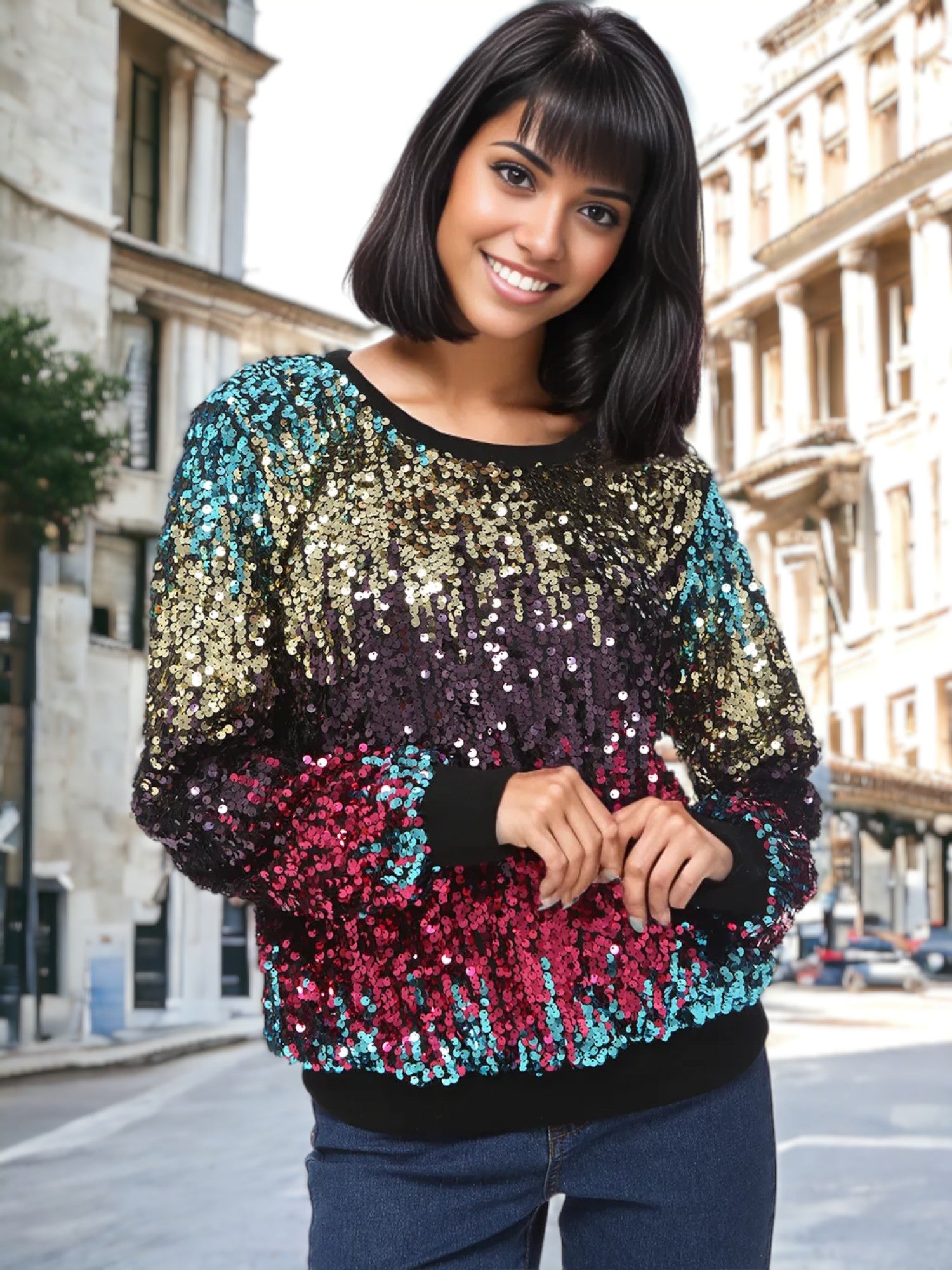 Sequin Sweatshirt Round Neck Long Sleeve Ribbed Cuffs Pullover