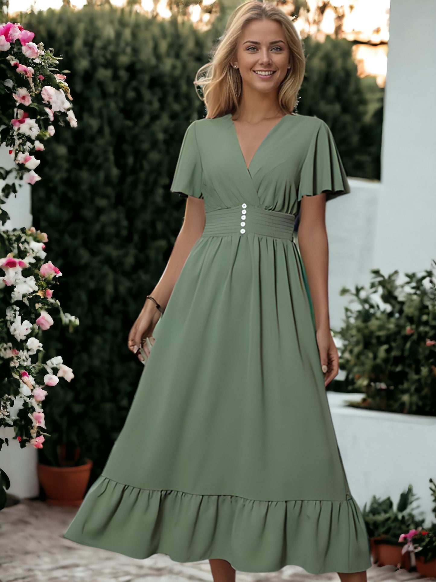 V-Neck Flared Ruffle Sleeve Button Detail Dress