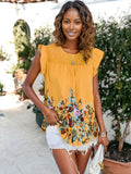 Blusa informal con cuello redondo, mangas cortas y volantes con estampado floral y dobladillo
