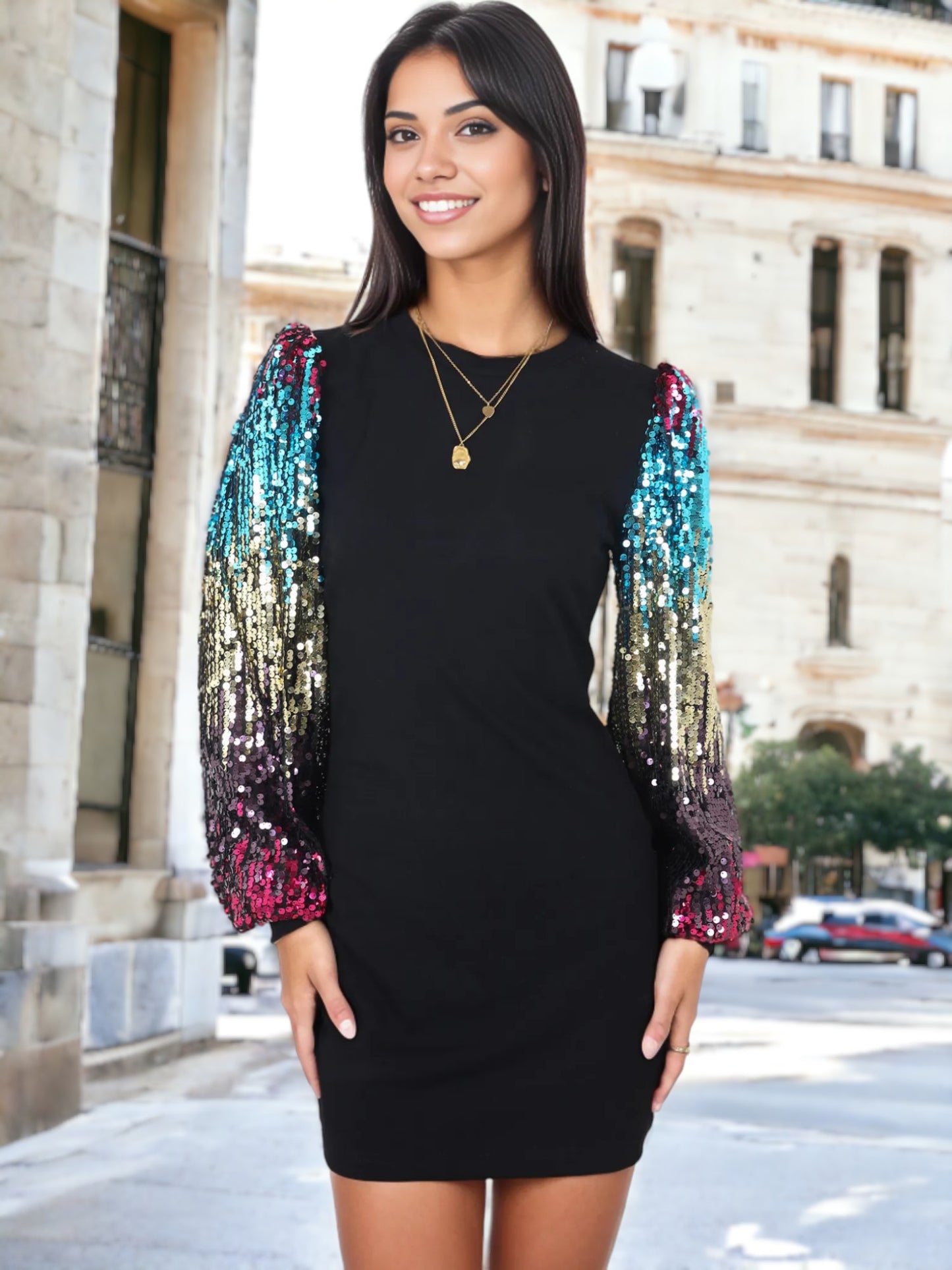 Vestido estilo jersey de cuello redondo y manga larga con lentejuelas de confeti Bishop 