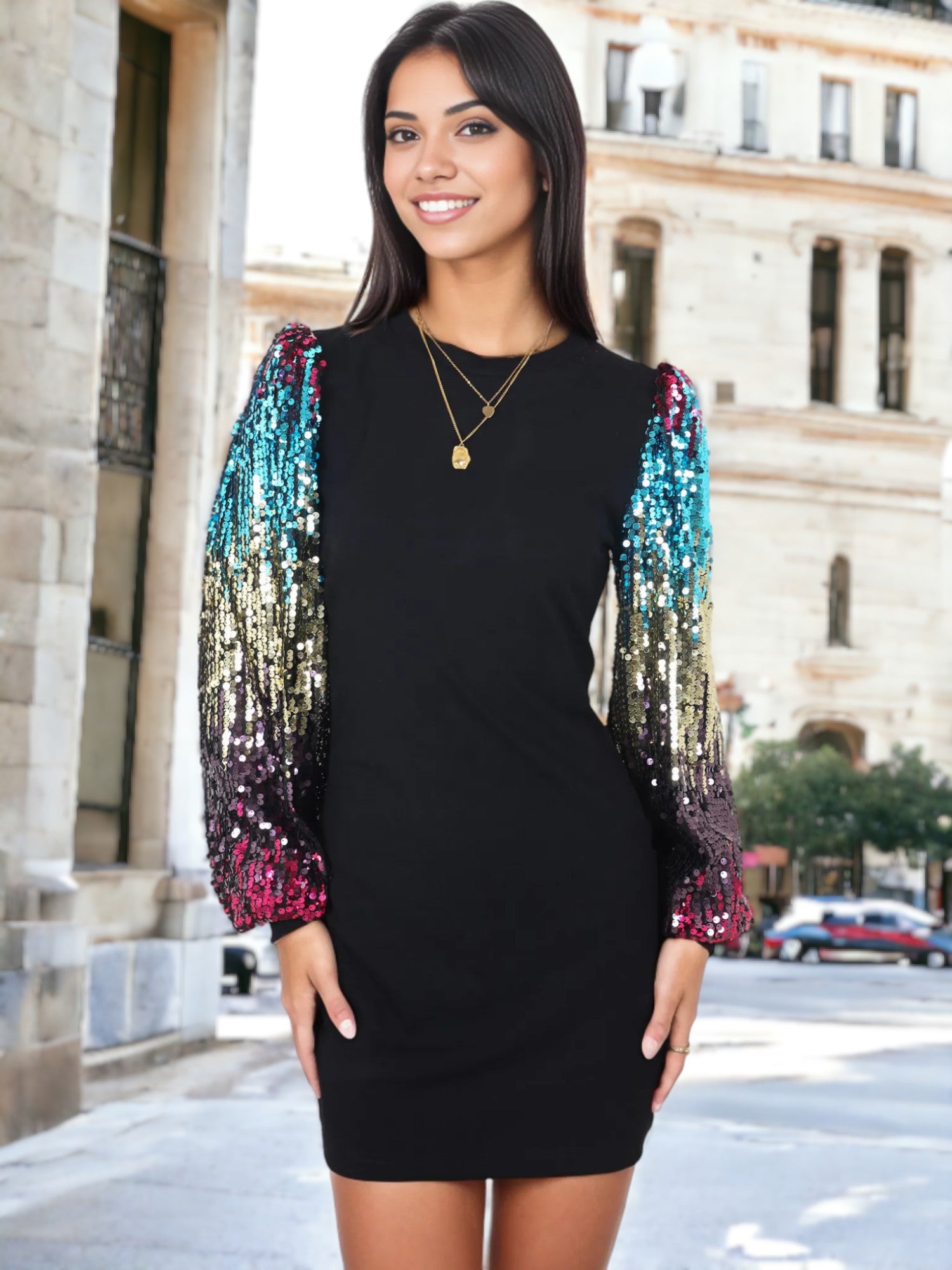 Vestido estilo jersey de cuello redondo y manga larga con lentejuelas de confeti Bishop 