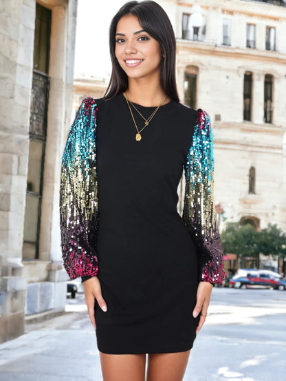 Vestido estilo jersey de cuello redondo y manga larga con lentejuelas de confeti Bishop 