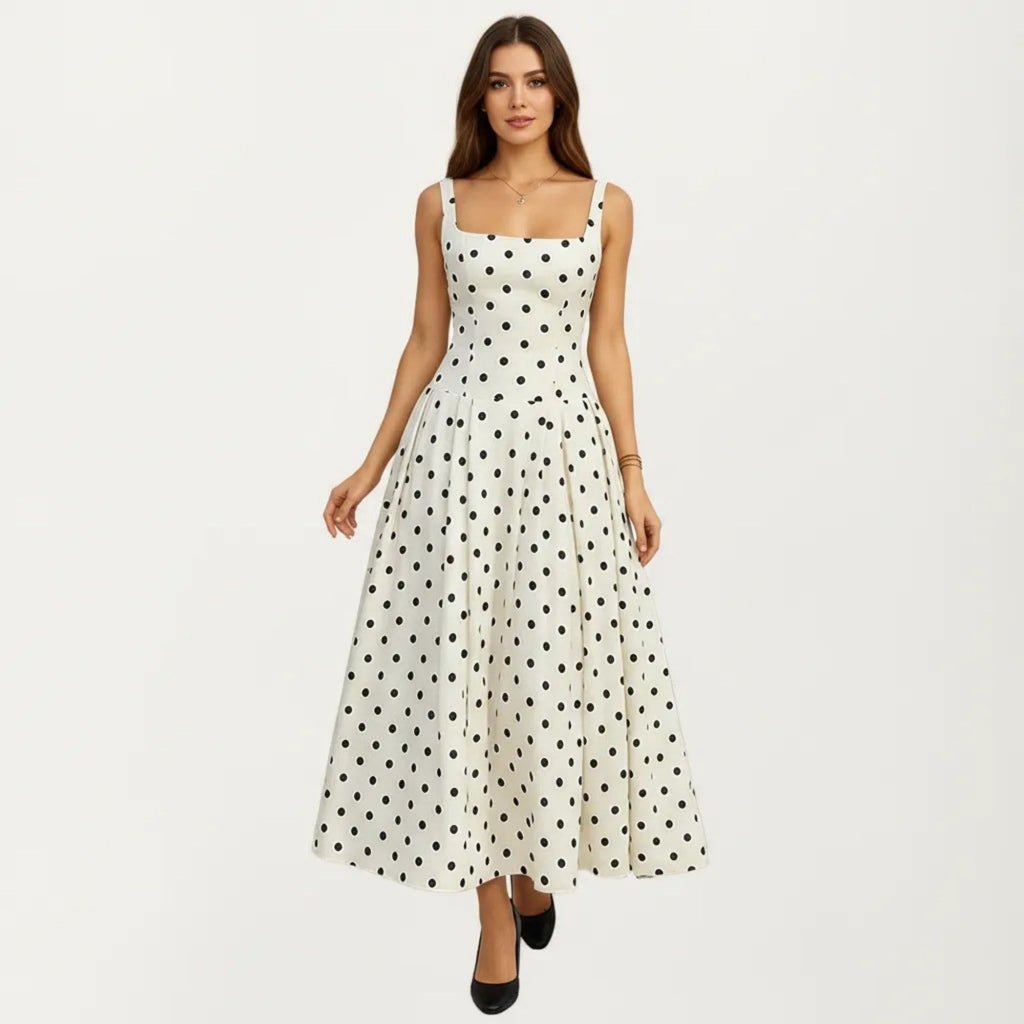 Anna-Kaci Women's Polka Dot Midi Dress with Square Neckline Wide Straps Fitted Bodice Pleated A Line Skirt Silhouette