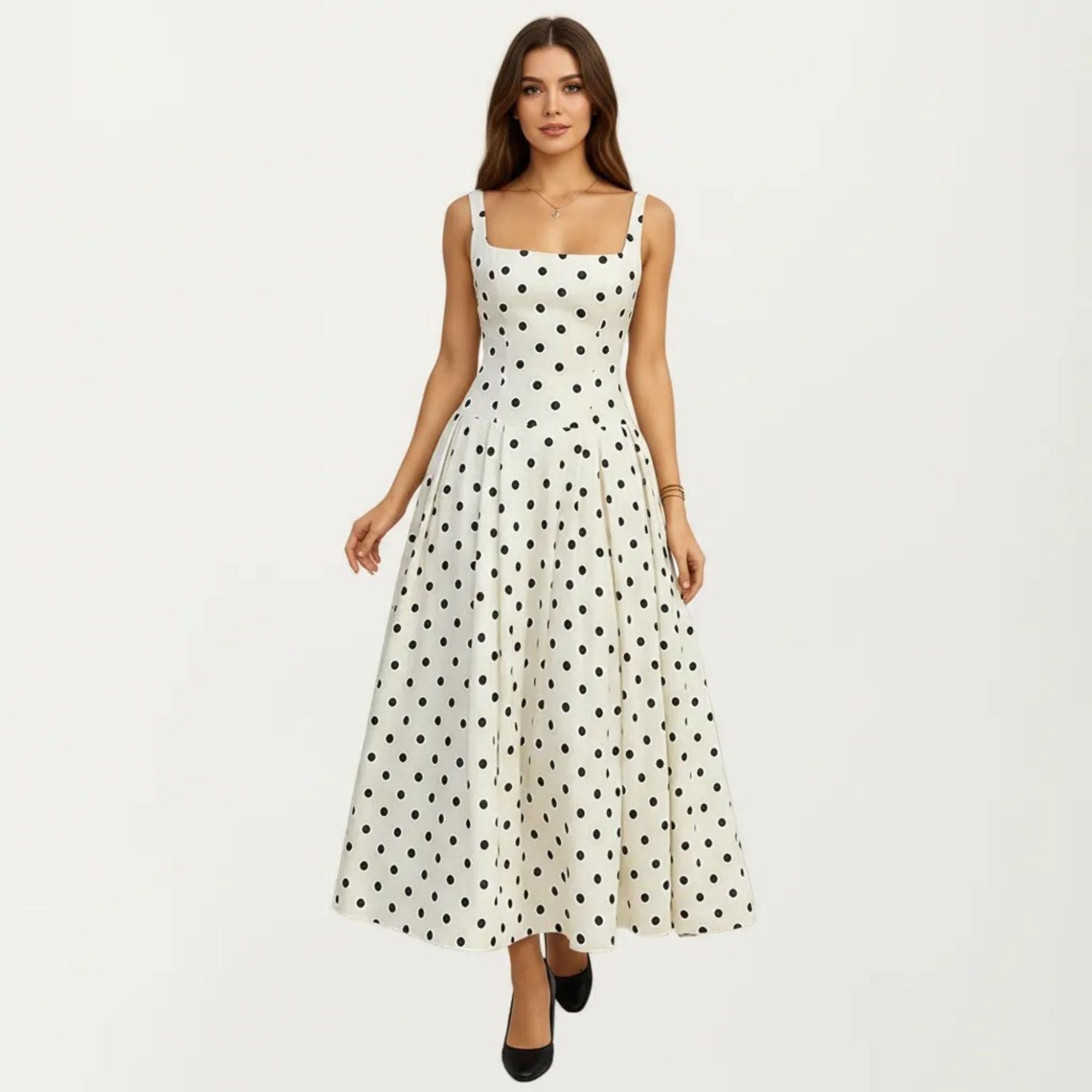 Anna-Kaci Women's Polka Dot Midi Dress with Square Neckline Wide Straps Fitted Bodice Pleated A Line Skirt Silhouette