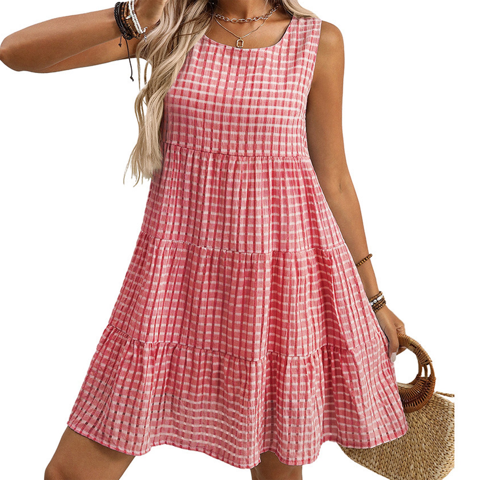 Anna-Kaci Women's Sleeveless Tiered Mini Dress with Textured Check Pattern Round Neck A-Line Silhouette