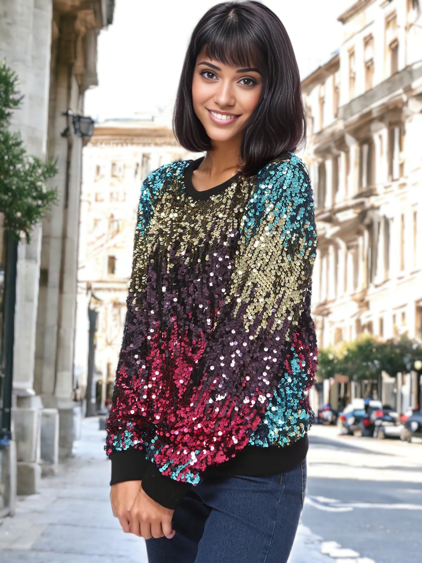 Sudadera con lentejuelas, cuello redondo, manga larga, puños acanalados 