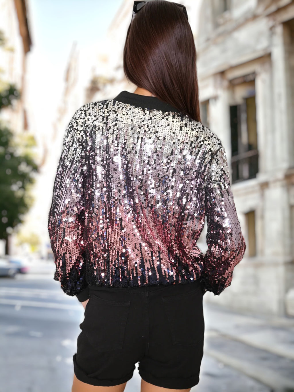 Chaqueta bomber con cremallera y destellos ombré de lentejuelas