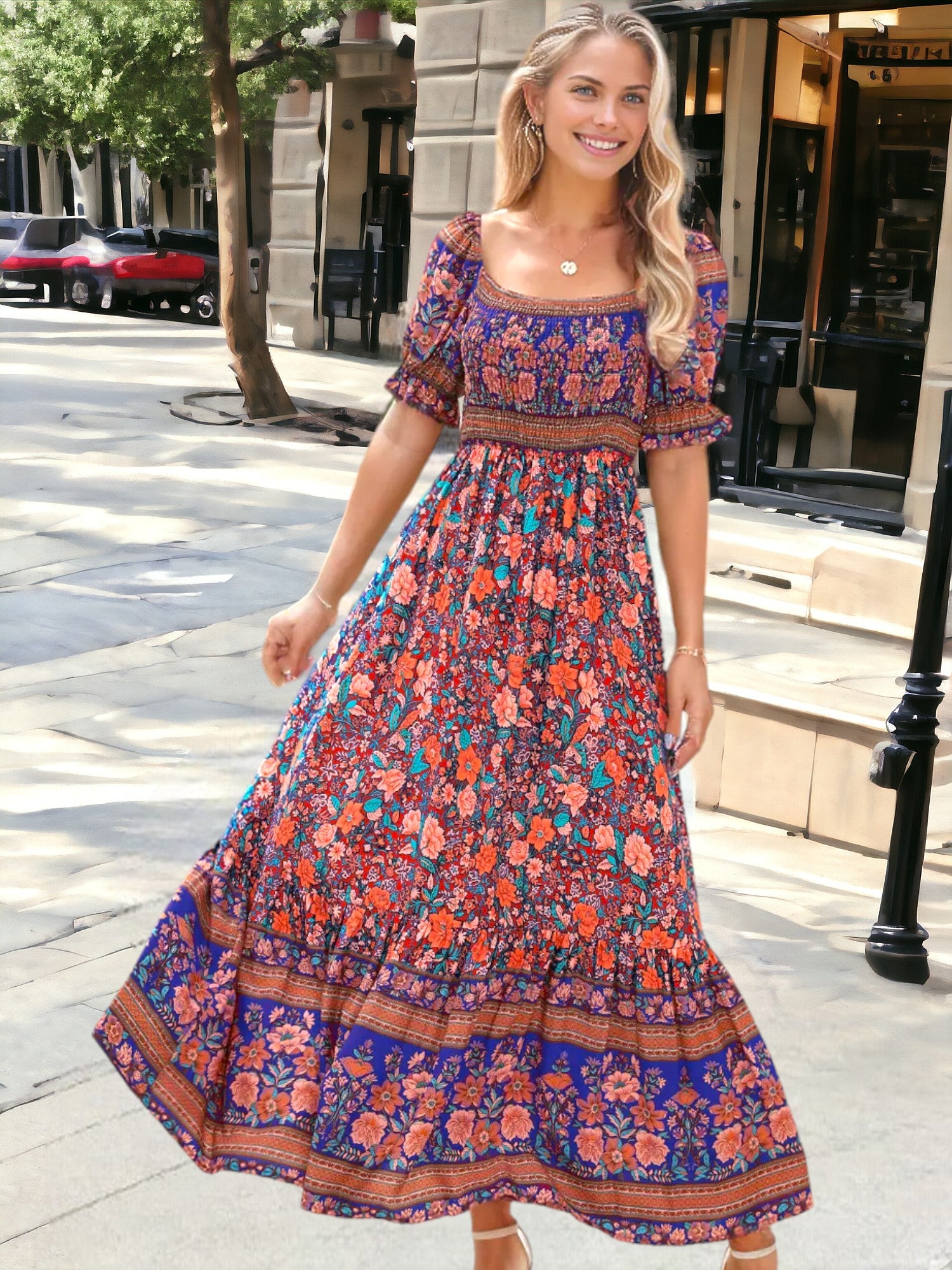Vestido bohemio multicolor con hombros descubiertos