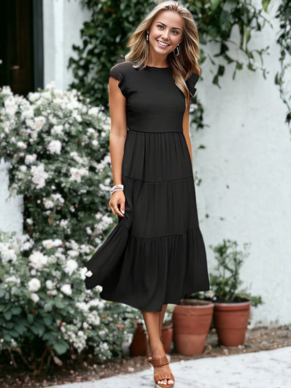 Shirred Ruffle Sleeve Midi Dress
