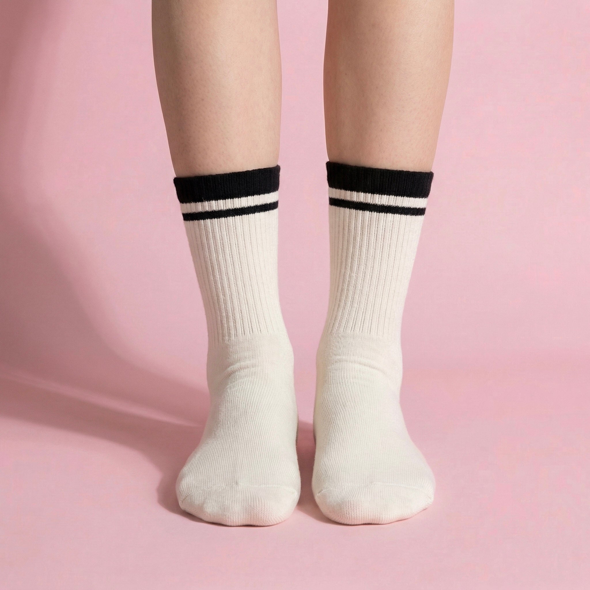 Anna-Kaci Women's 4-Pack Ribbed Crew Socks with Double Stripe Cuff Soft Stretch Fit in Neutral Tones