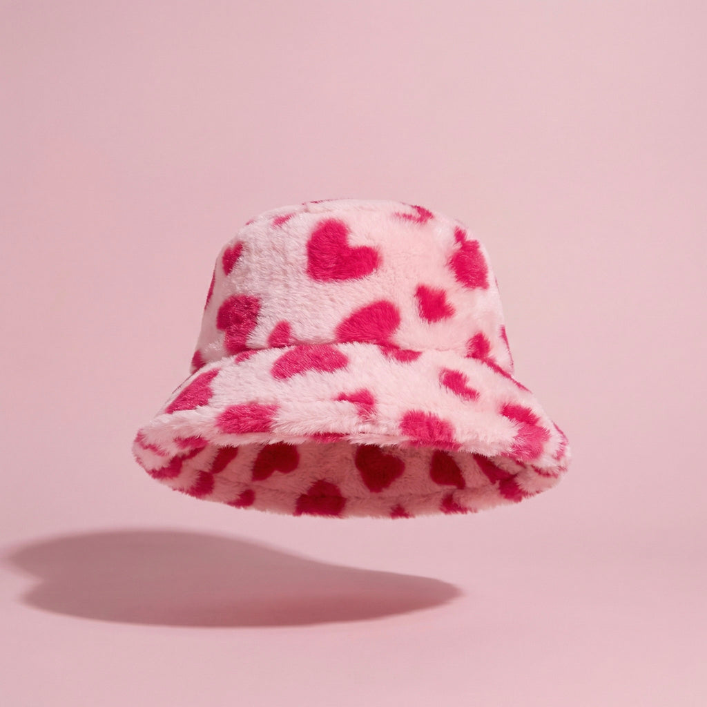 Anna-Kaci Valentine Plush Heart Pattern Bucket Hat Soft Texture Cozy Winter Style