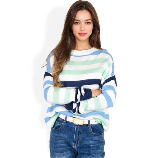 Anna-Kaci Women's Striped Knit Sweater with Long Sleeves and Relaxed Fit