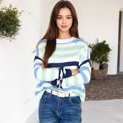 Anna-Kaci Women's Striped Knit Sweater with Long Sleeves and Relaxed Fit