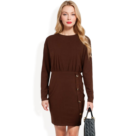 Anna-Kaci Women's Long Sleeve Button-Detail Bodycon Dress with Side Wrap Design