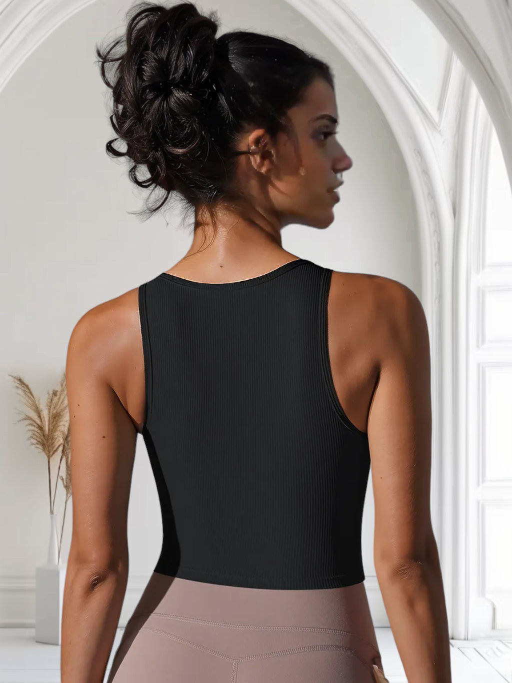 Women's Ribbed Knit Crop Top with Notch Neckline and Sleeveless Design