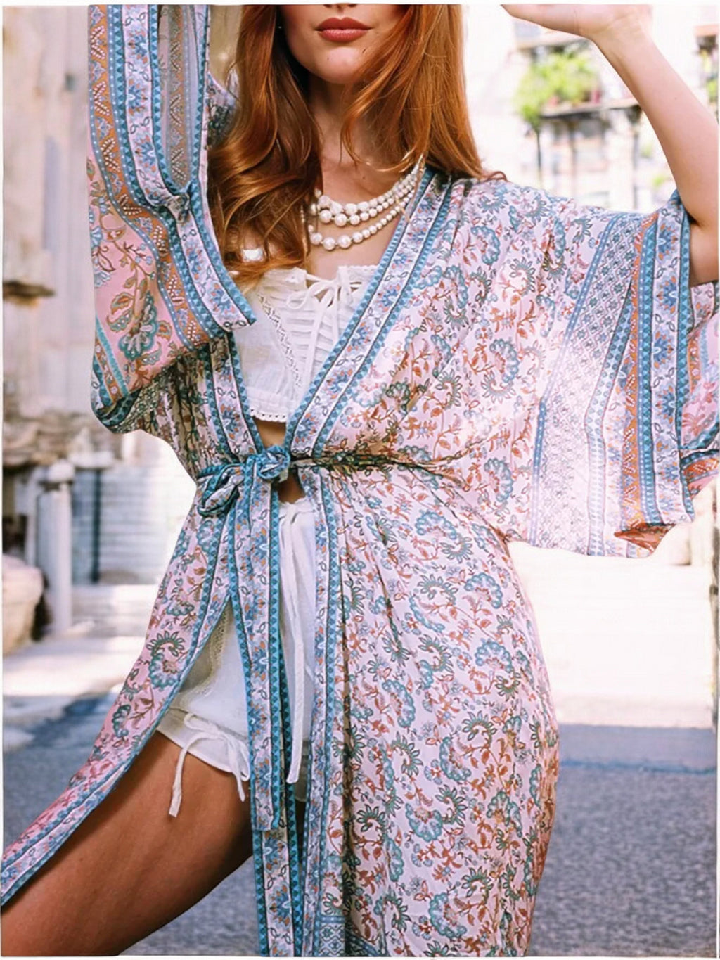 Bata tipo kimono con estampado bohemio para mujer de Anna-Kaci, cintura con cinturón y mangas anchas