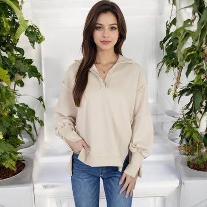Anna-Kaci Women's Oversized Long Sleeve Pullover with Snap Button Collar and Raw Edge Hem