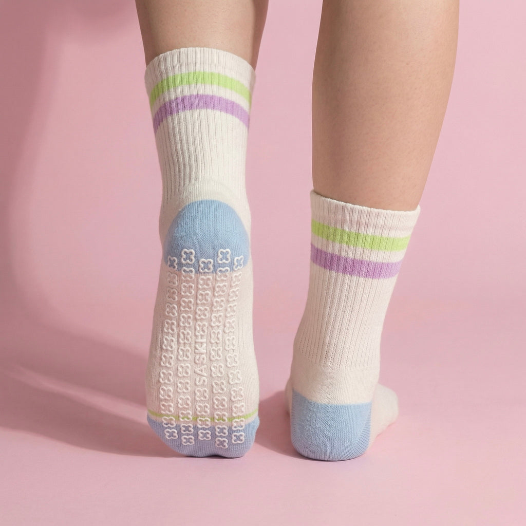 Anna-Kaci Women's 2-Pair Set Crew Athletic Socks with Striped Cuffs and Full Sole Grip for Yoga Fitness