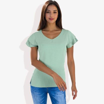Blusa de mujer de manga corta con escote en V y mangas con volantes de doble capa