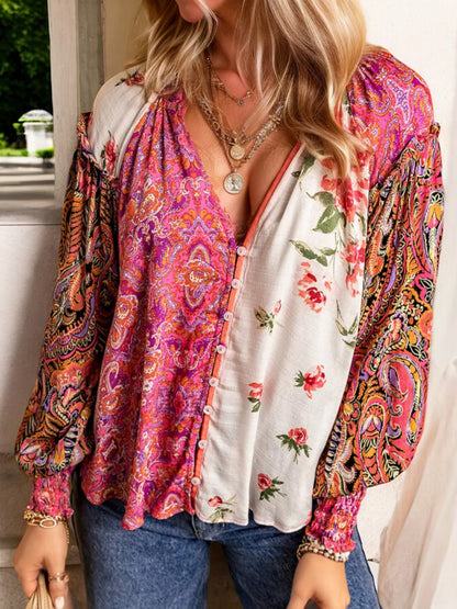 Blusa de manga larga con escote en V y diseño de patchwork bohemio para mujer de Anna-Kaci con estampado floral y cachemir combinado
