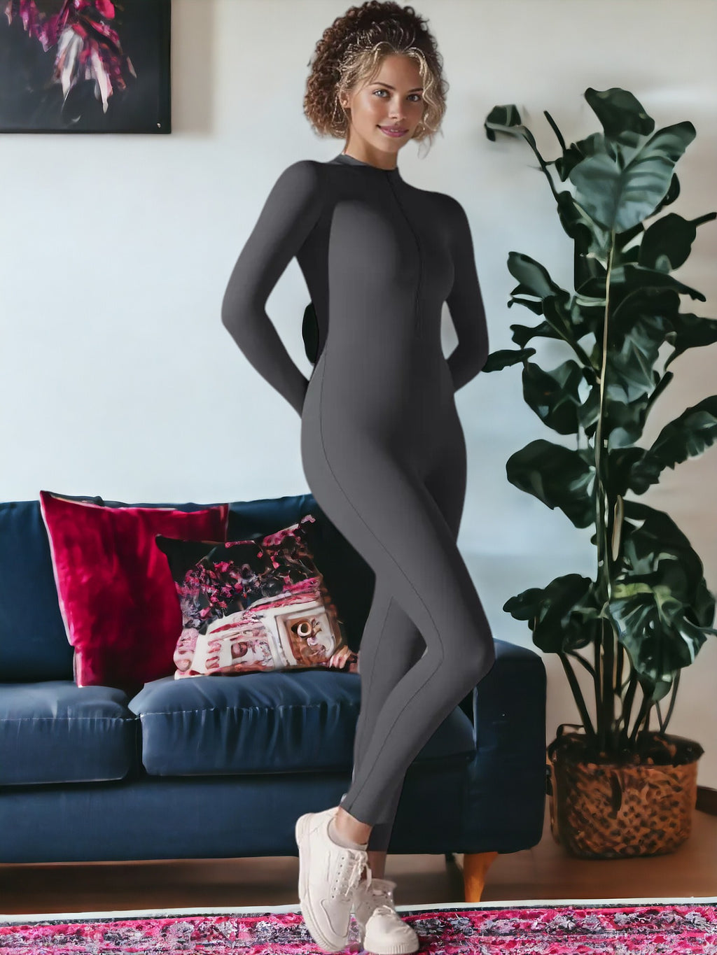 Mono de yoga de una pieza con media cremallera y mangas largas