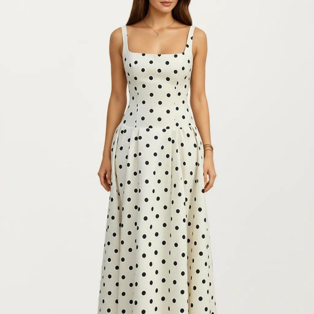 Anna-Kaci Women's Polka Dot Midi Dress with Square Neckline Wide Straps Fitted Bodice Pleated A Line Skirt Silhouette