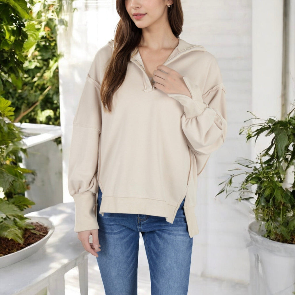 Anna-Kaci Women's Oversized Long Sleeve Pullover with Snap Button Collar and Raw Edge Hem