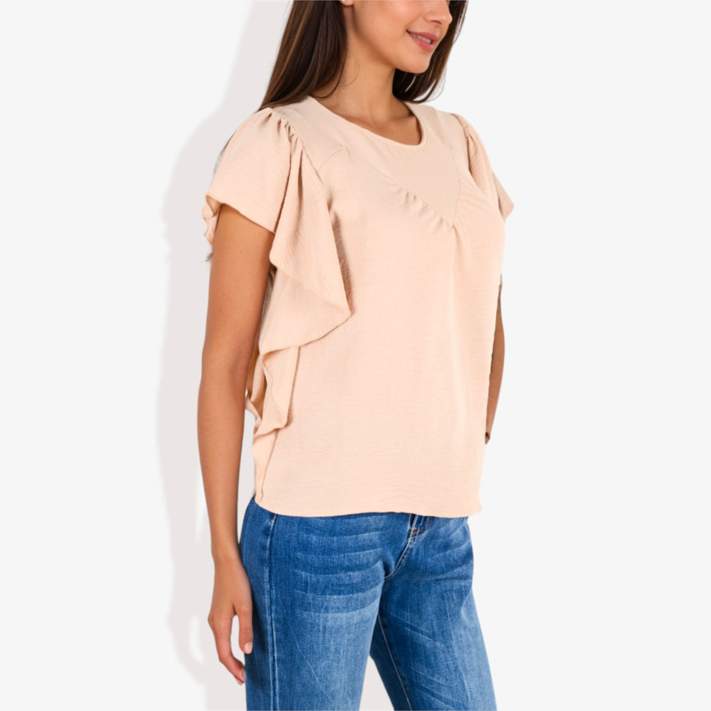 Blusa plisada de manga corta con volantes para mujer