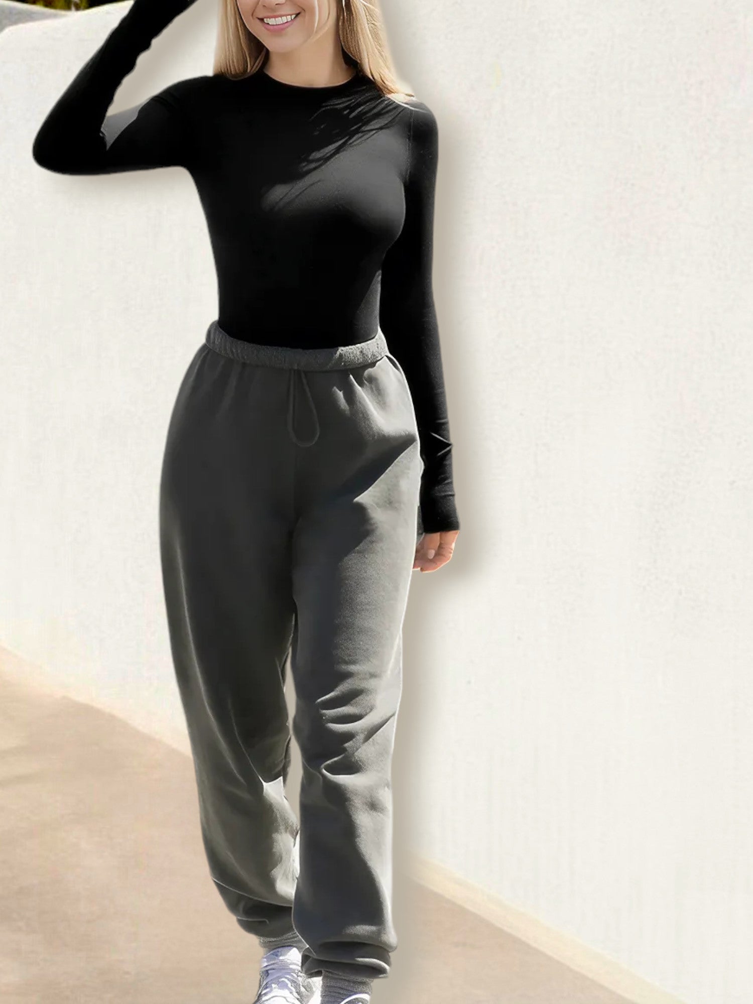 Top de cuello redondo y manga larga acanalado para mujer de Anna-Kaci