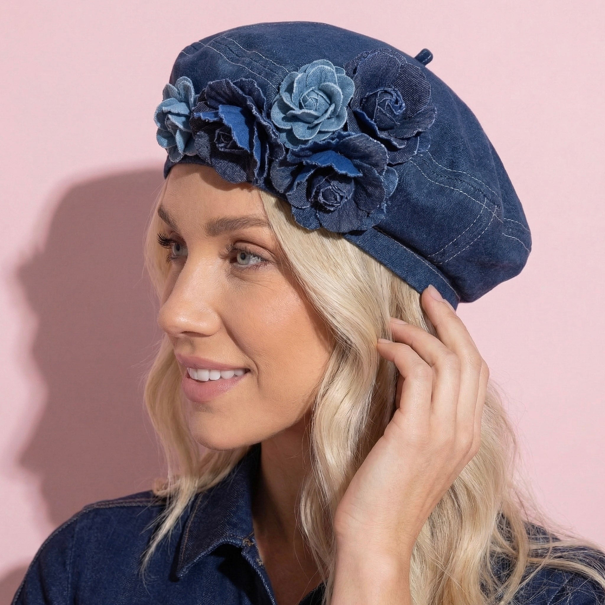 Anna-Kaci Women's Floral Denim Beret Hat Soft Structured Fashion Cap