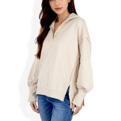 Anna-Kaci Women's Oversized Long Sleeve Pullover with Snap Button Collar and Raw Edge Hem
