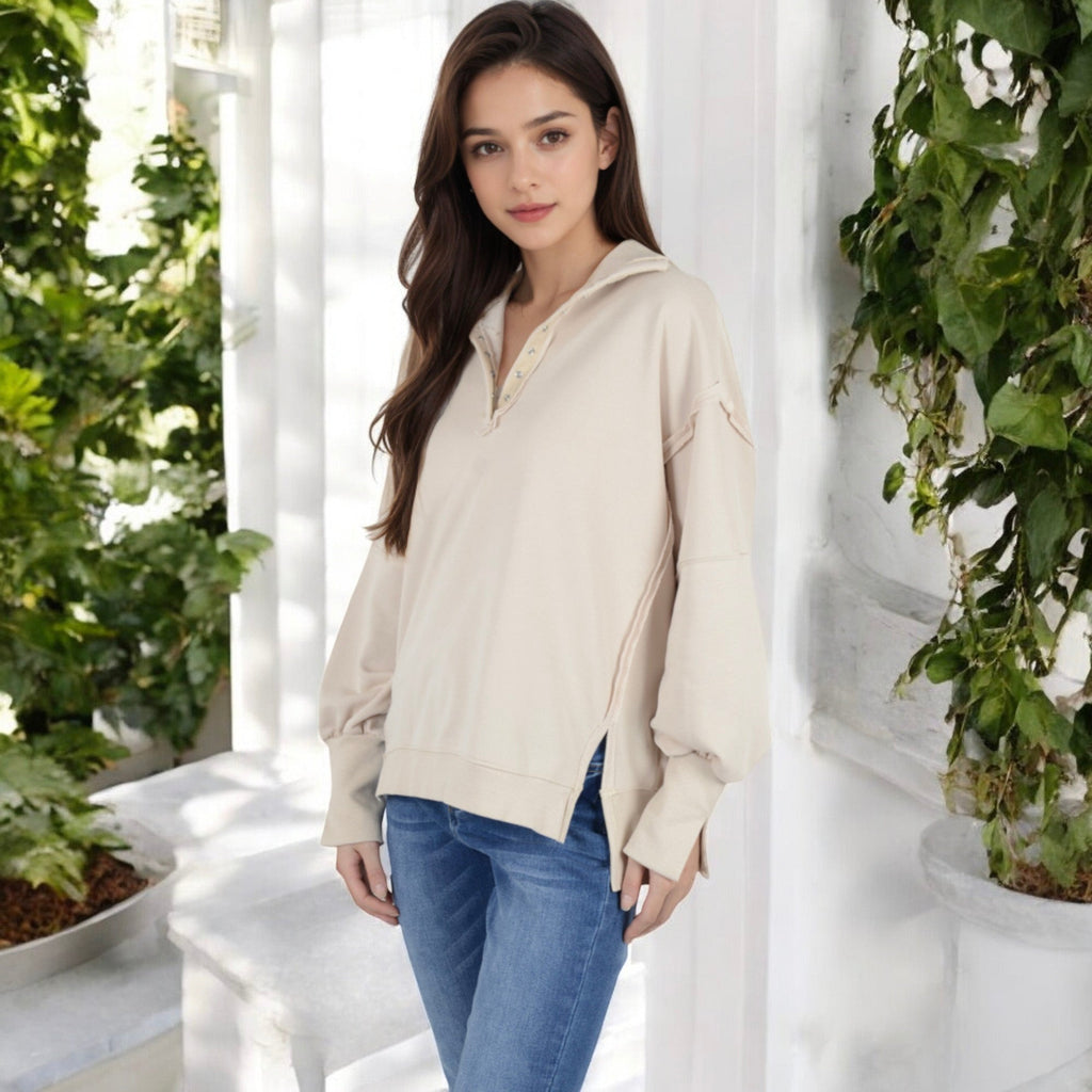 Anna-Kaci Women's Oversized Long Sleeve Pullover with Snap Button Collar and Raw Edge Hem