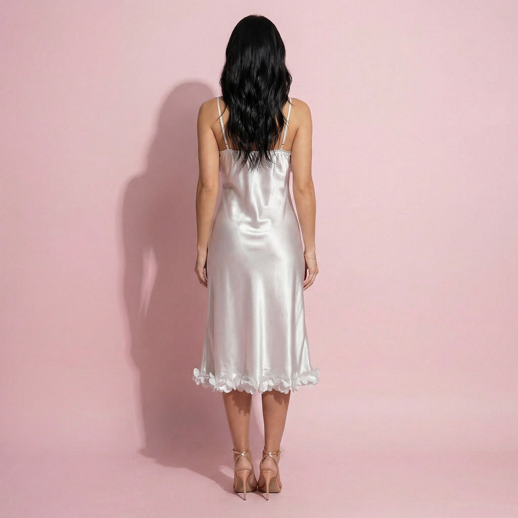 Anna-Kaci Lounge Women's Satin Midi Slip Dress with 3D Floral Trim Bodice and Ruffled Hem Detail for a Soft Sculpted Silhouette