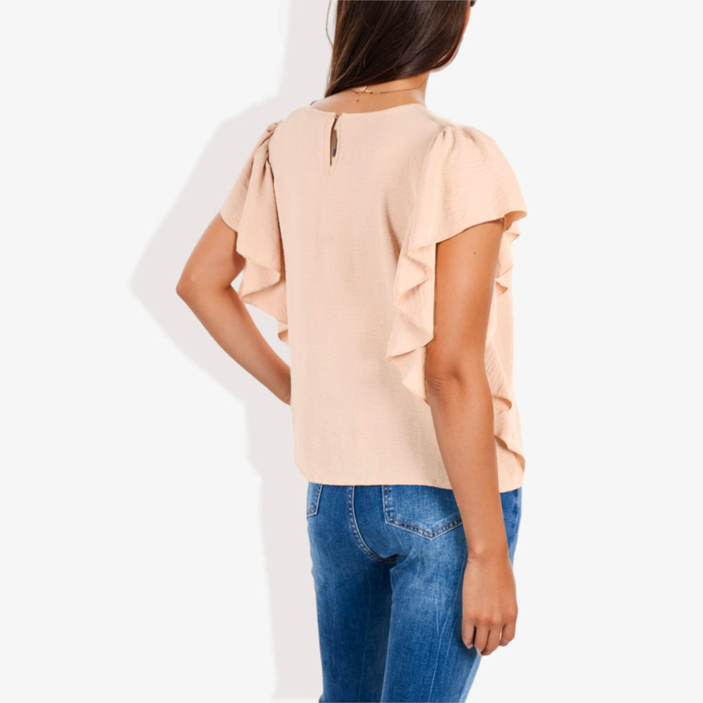 Blusa plisada de manga corta con volantes para mujer