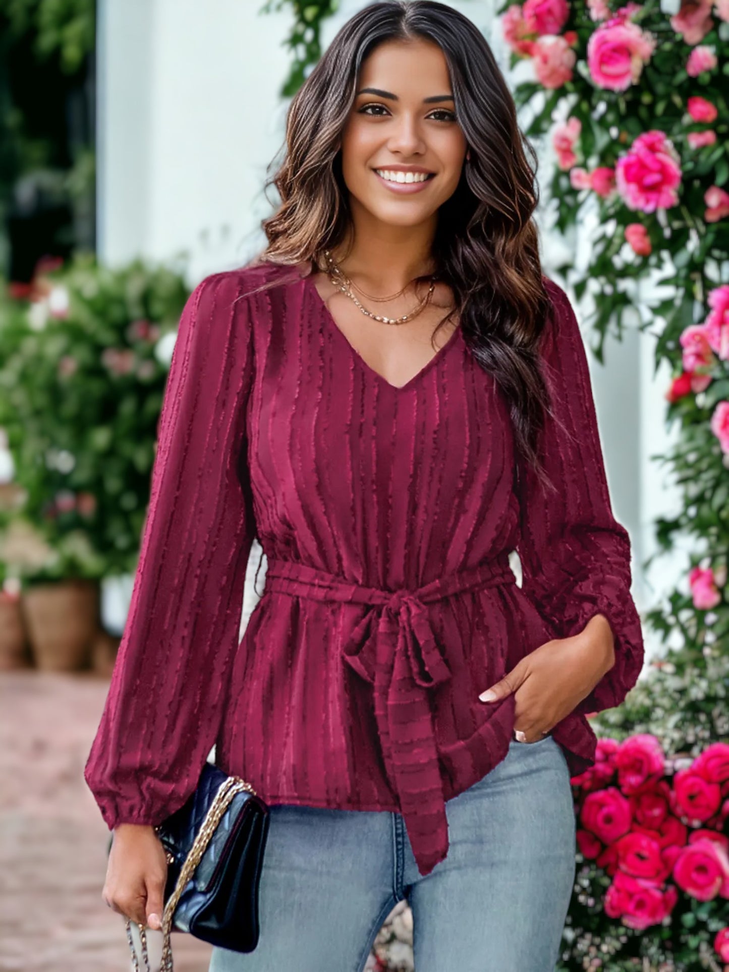 V Neck Textured Peplum Hem Long Sleeve Blouse