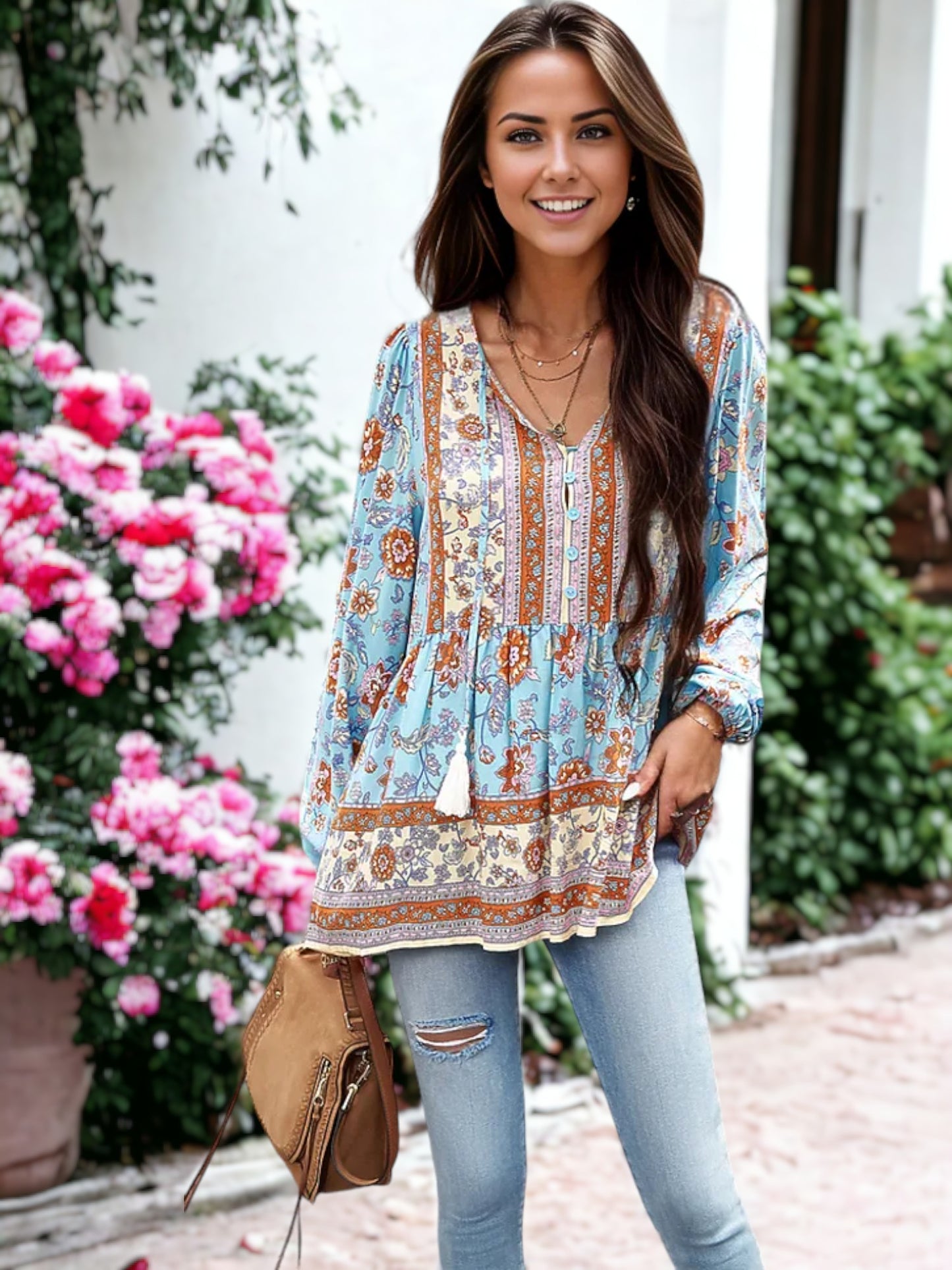 Blusa de manga larga con cuello en V y estampado bohemio de cachemira