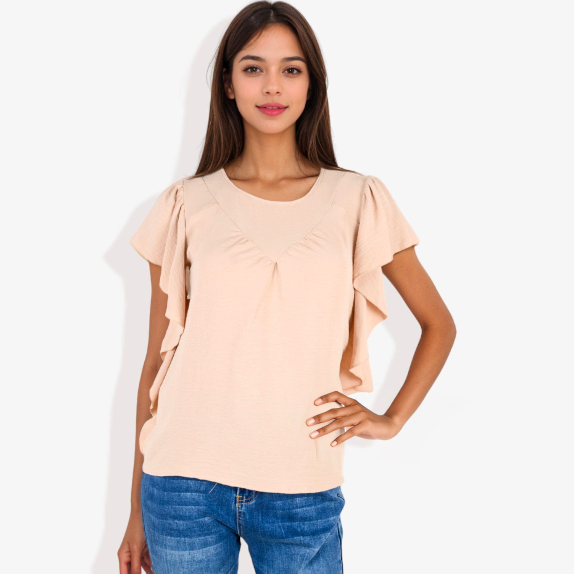 Blusa plisada de manga corta con volantes para mujer