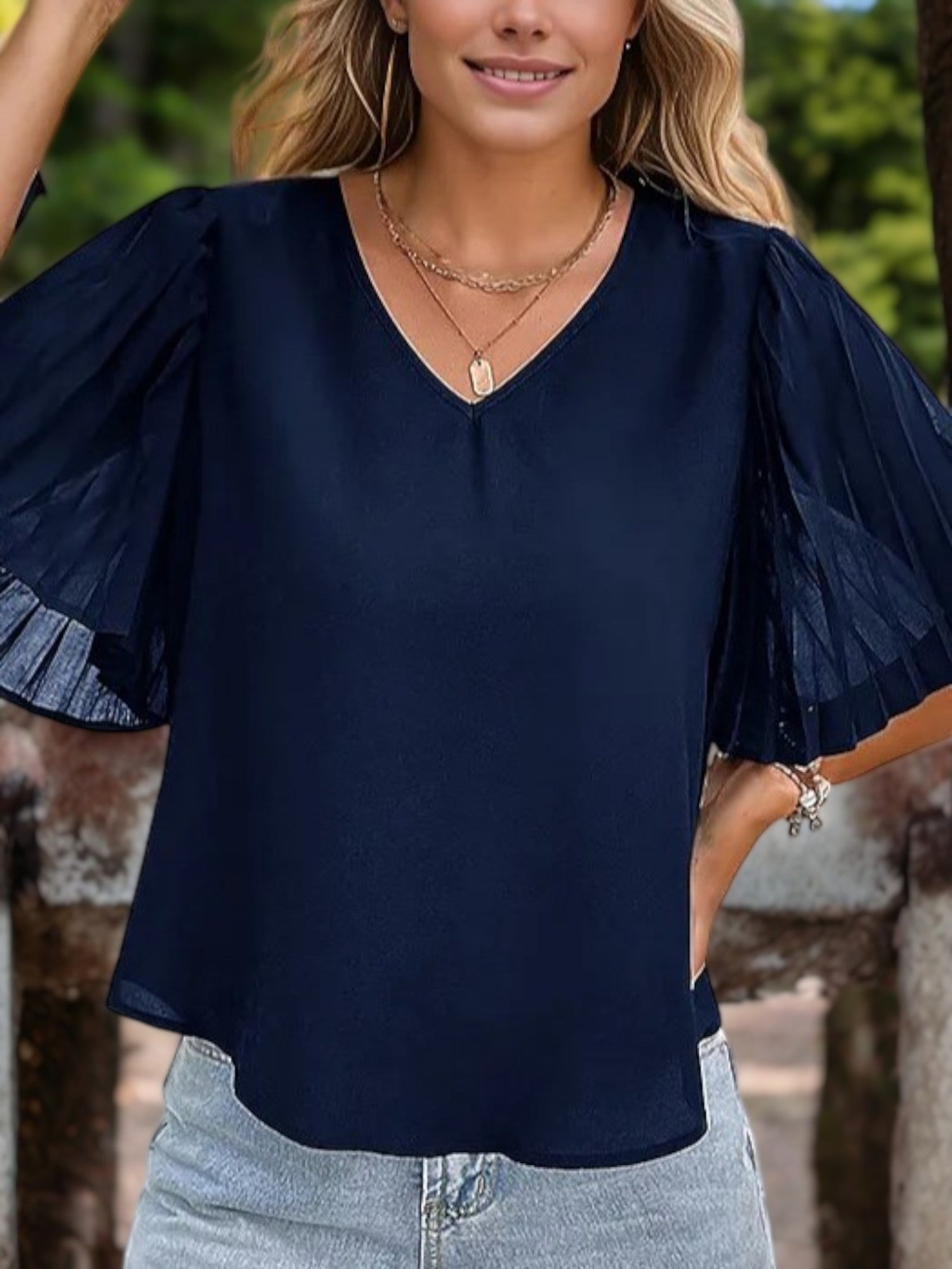 Camiseta informal con cuello redondo y manga corta con estampado de ondas texturizadas para mujer de Anna-Kaci