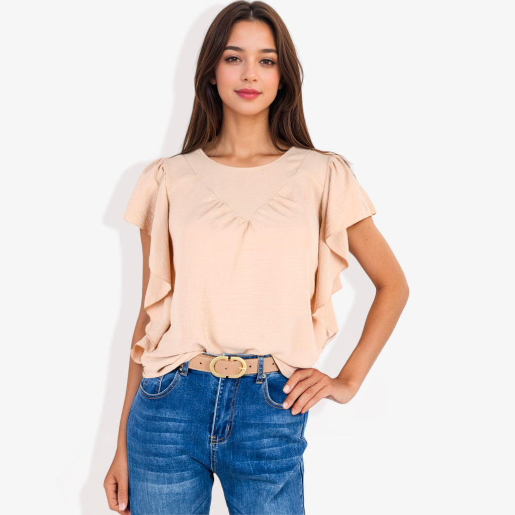 Blusa plisada de manga corta con volantes para mujer