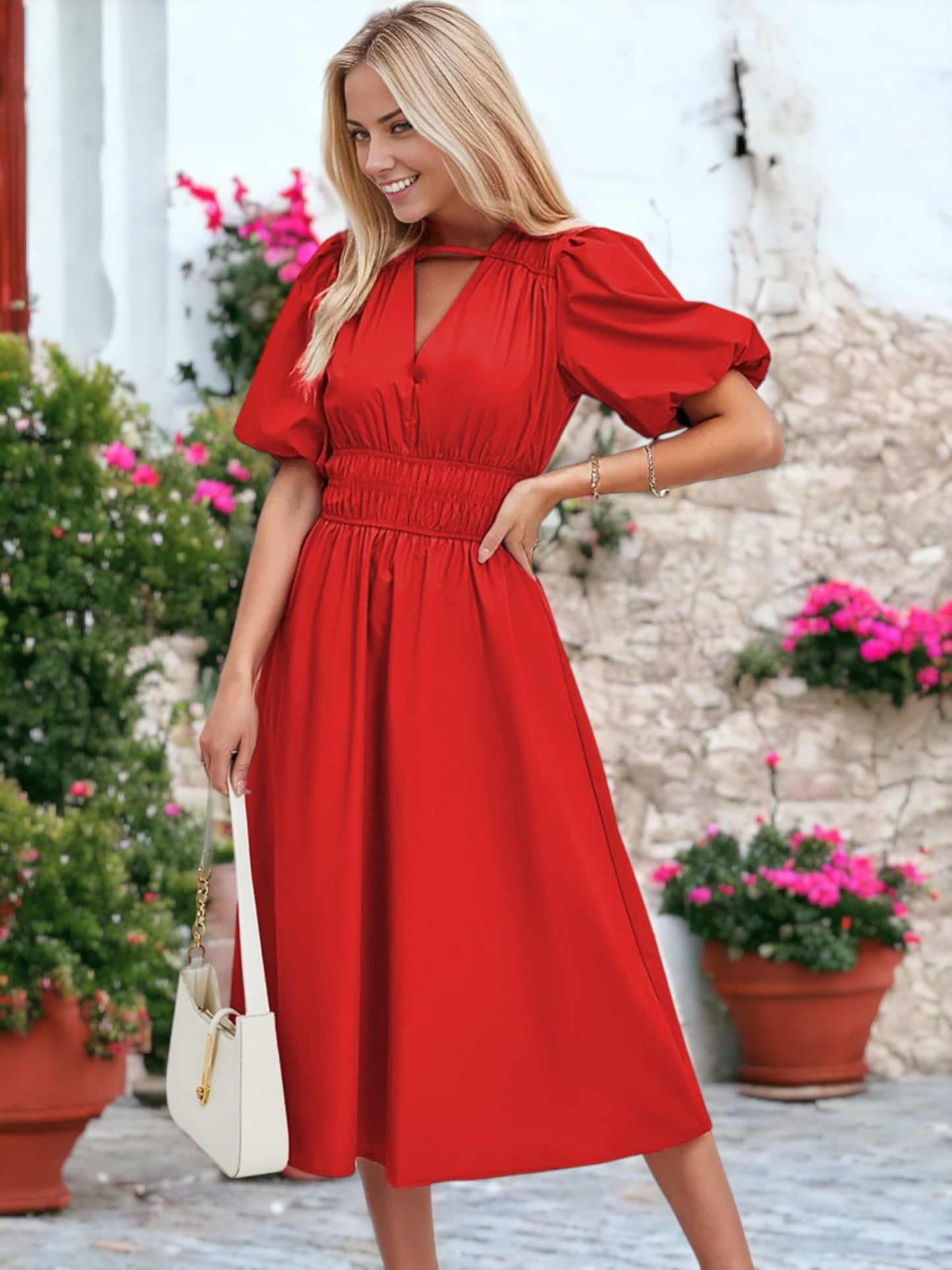 V-Neck Puff Sleeved Smocked Waist Detail Mid-Length Dress