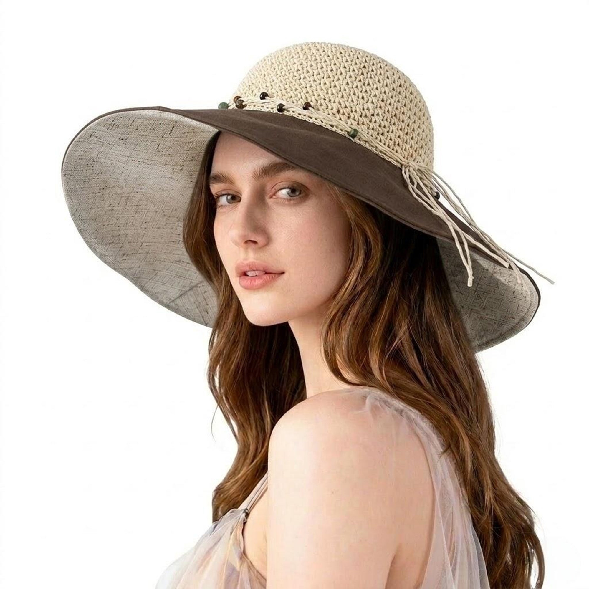 Anna-Kaci Women Wide Brim Straw Sun Hat Breathable Crochet Summer Hat with Decorative Band