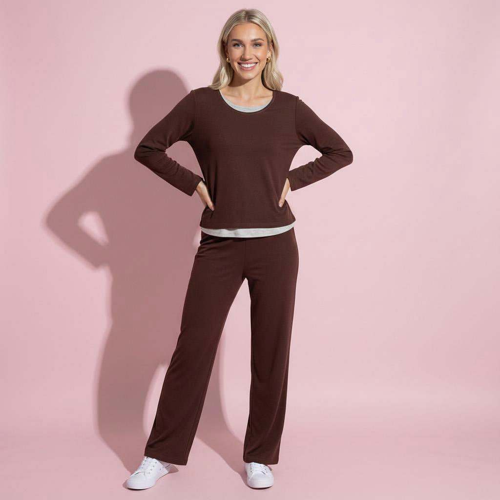 Anna-Kaci Women's 2-Piece Set Soft Knit Long Sleeve Top and Relaxed Fit Lounge Pants