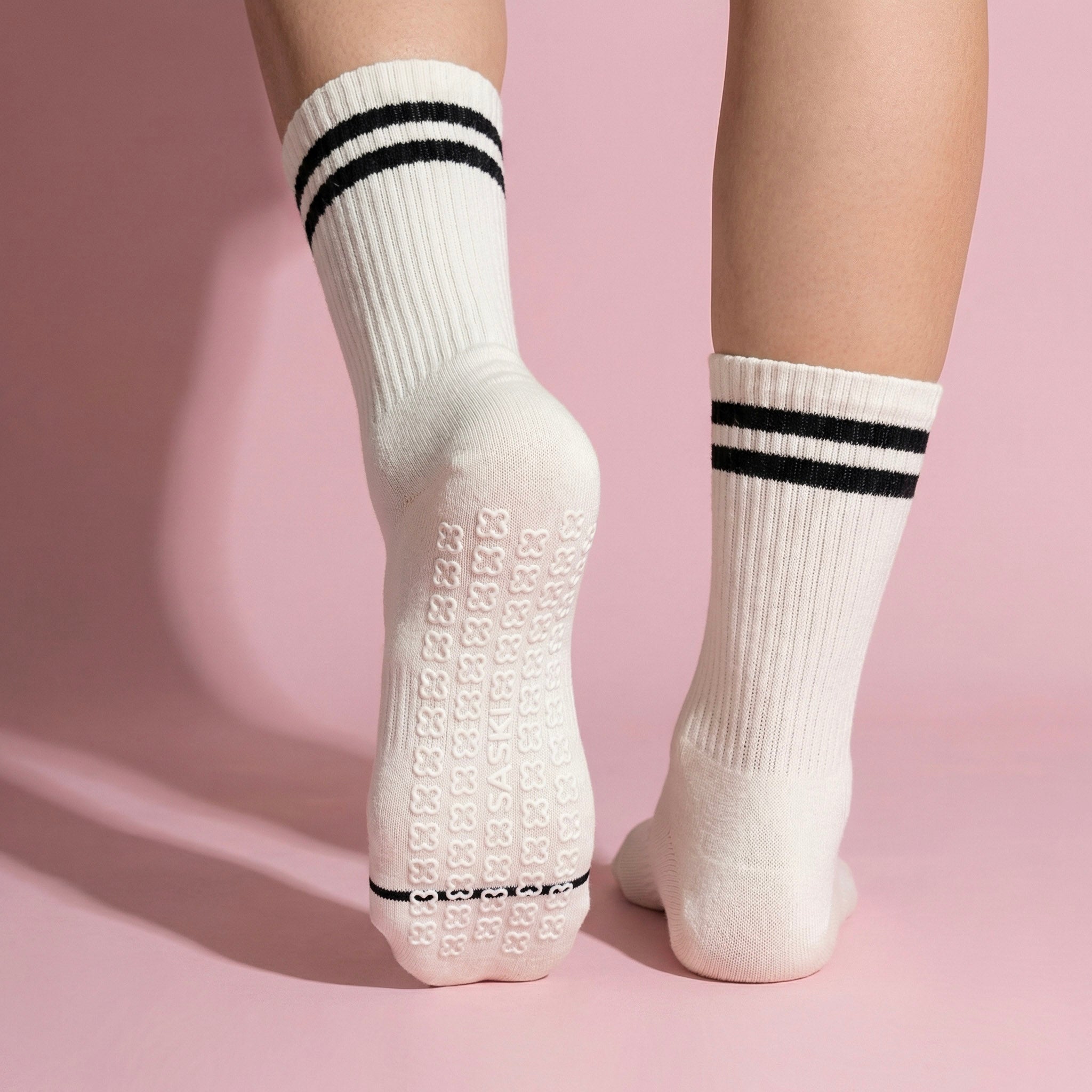 Anna-Kaci Women's 2-Pair Set Crew Athletic Socks with Striped Cuffs and Full Sole Grip for Yoga Fitness