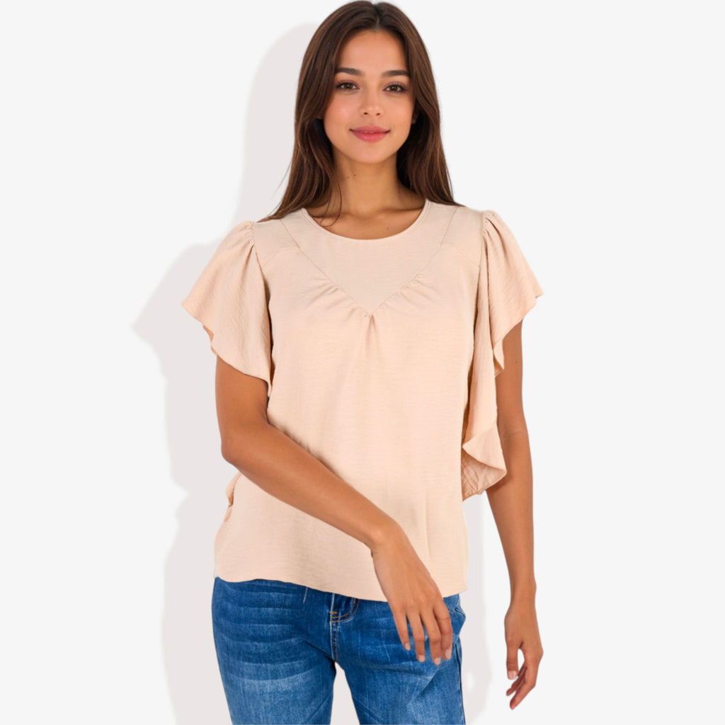 Blusa plisada de manga corta con volantes para mujer