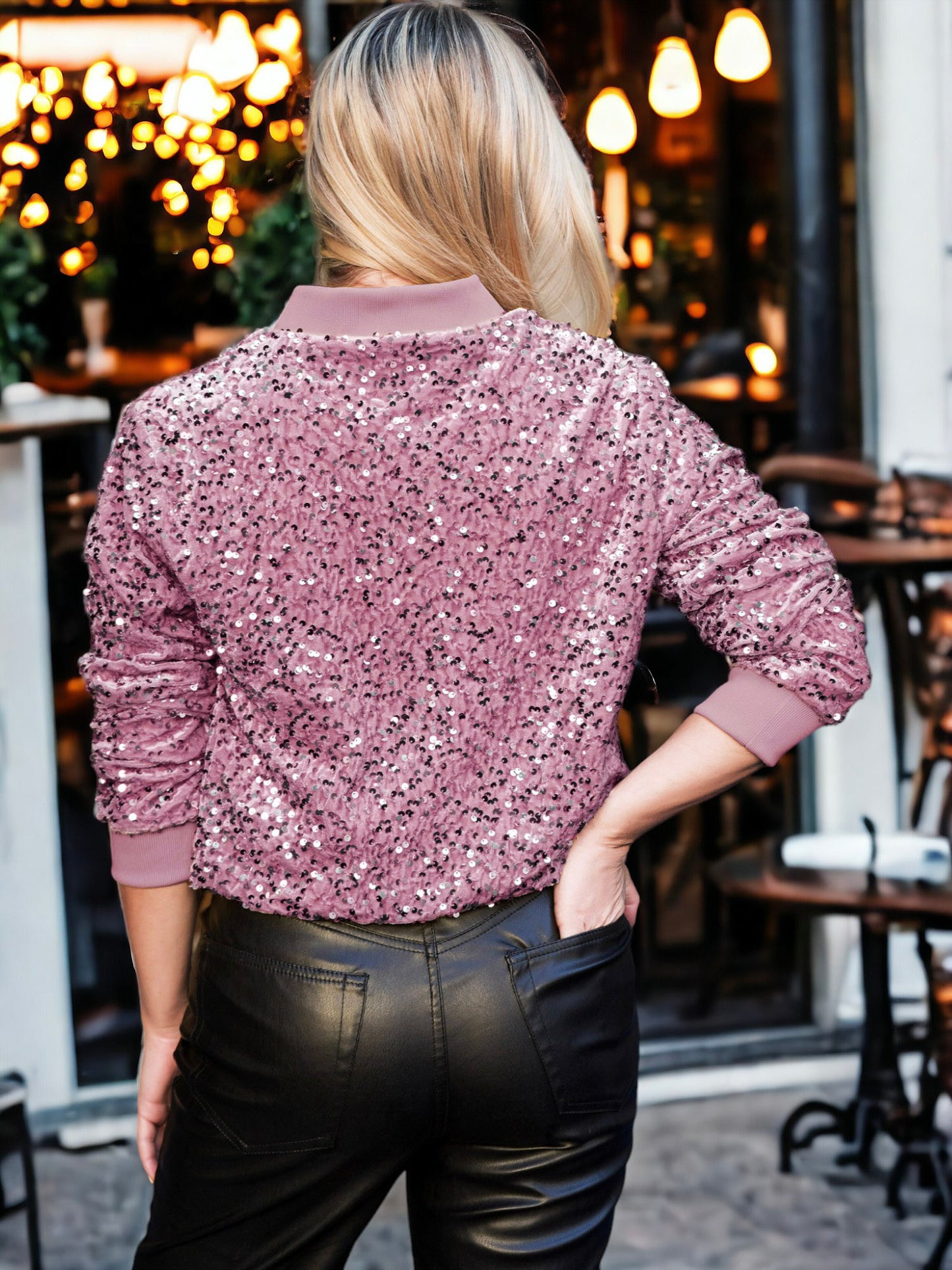 Chaqueta bomber de terciopelo con cremallera y mangas largas con lentejuelas brillantes