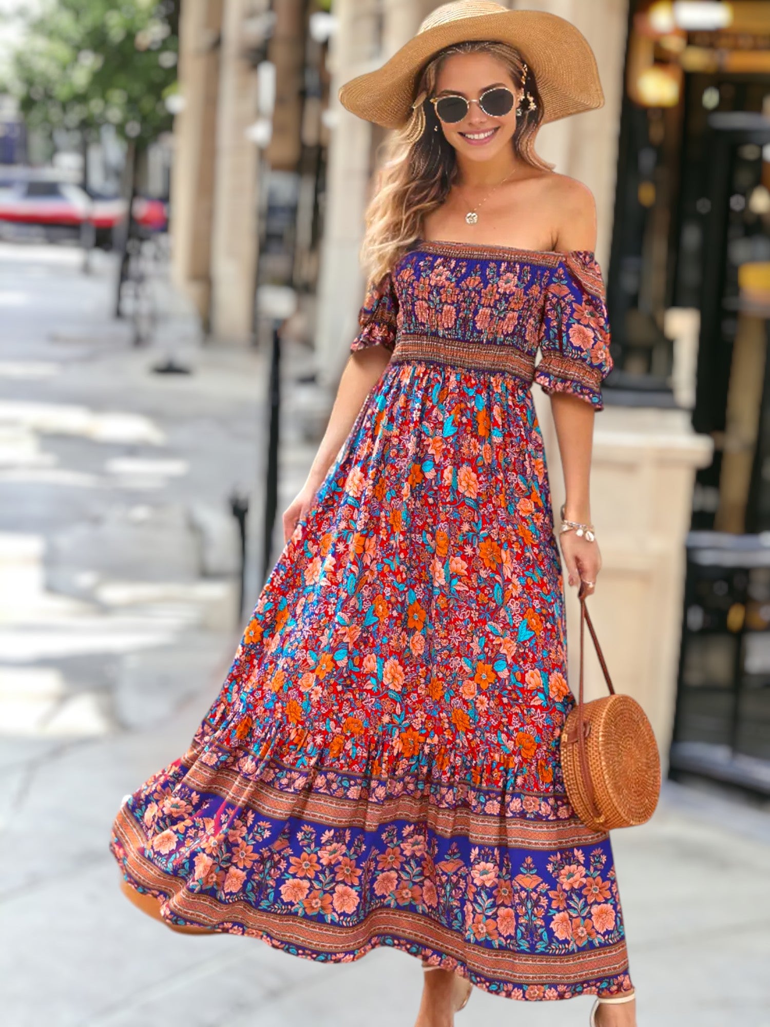 Multicolor Floral Print Off-Shoulder Bohemian Dress for Women – Anna-Kaci