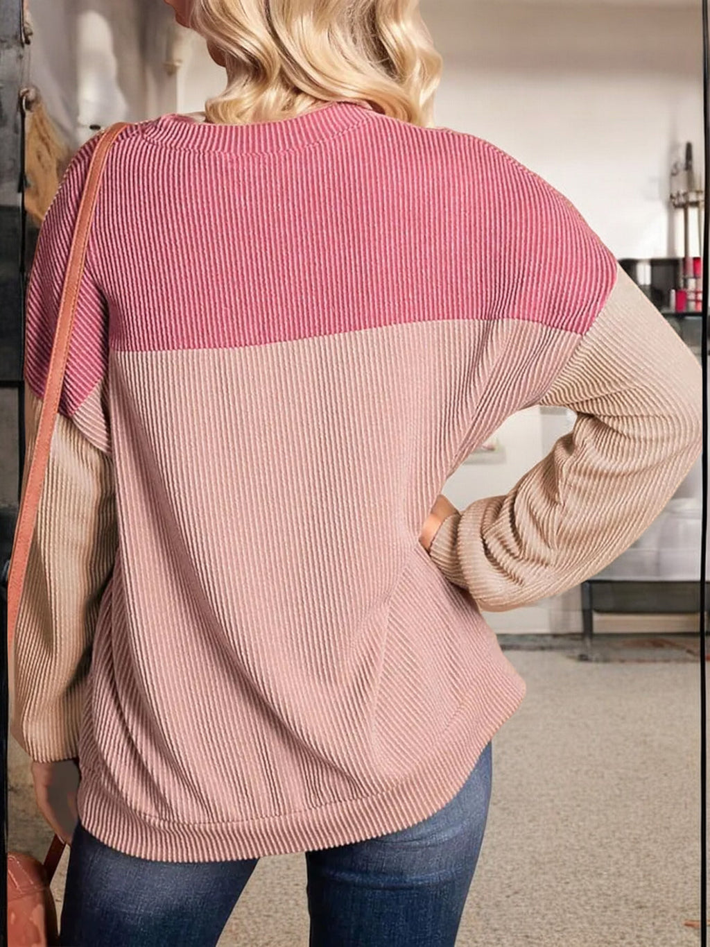 Suéter de punto acanalado con bloques de color para mujer de Anna-Kaci con mangas largas y escote redondo