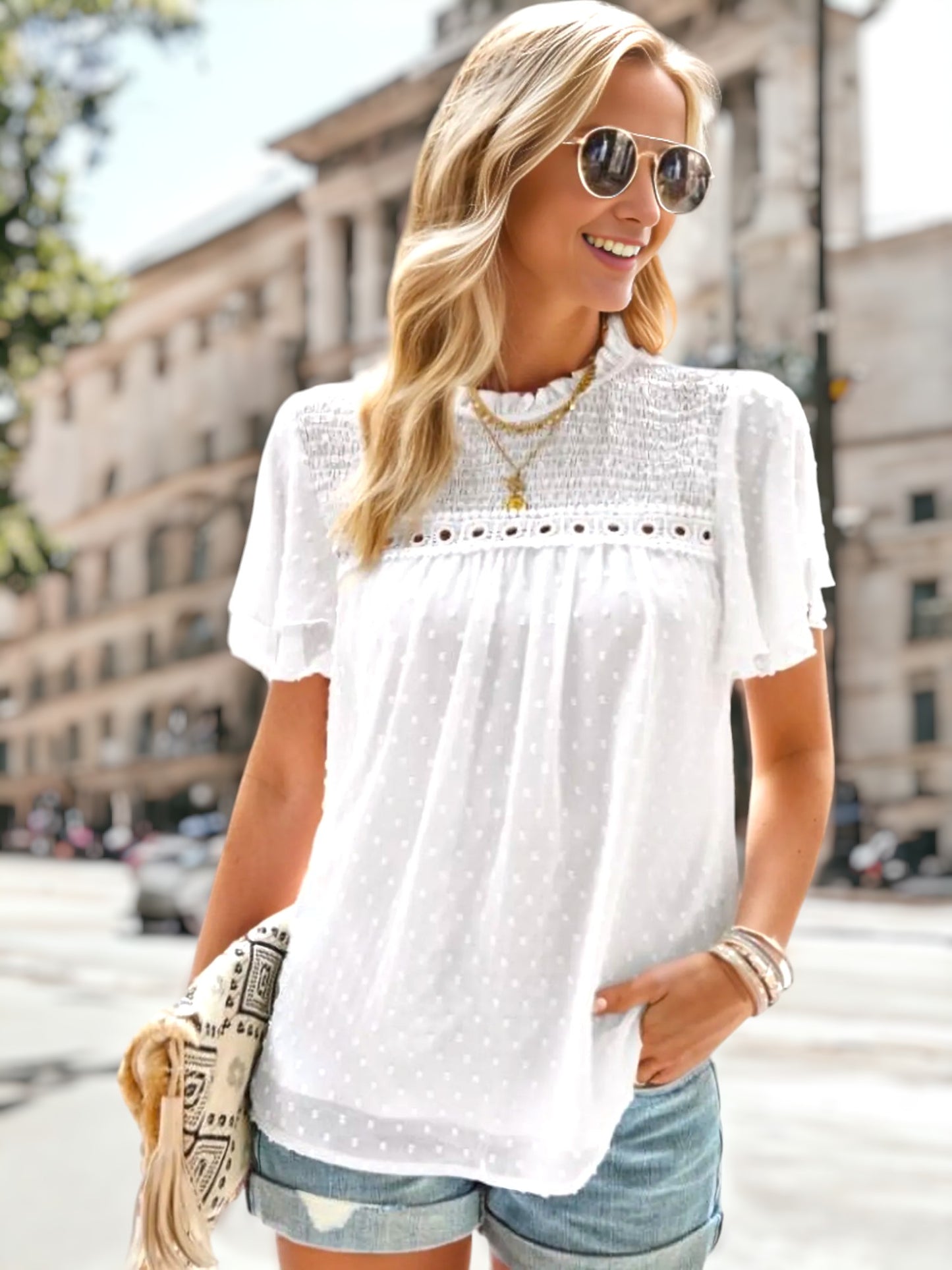 Shirred Lace Detail Blouse
