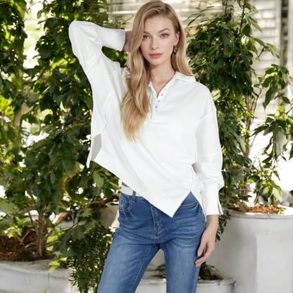 Anna-Kaci Women's Oversized Long Sleeve Pullover with Snap Button Collar and Raw Edge Hem