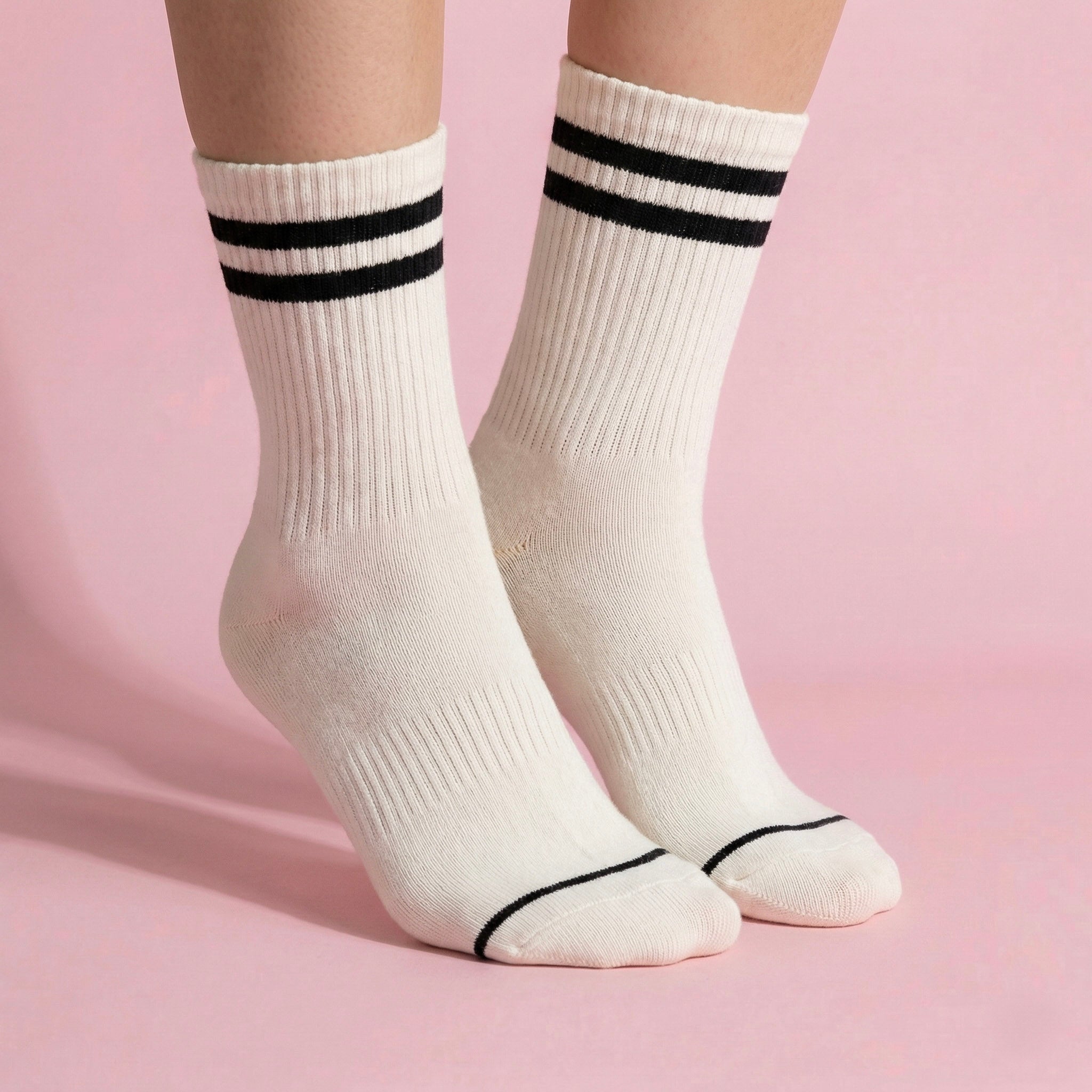 Anna-Kaci Women's 2-Pair Set Crew Athletic Socks with Striped Cuffs and Full Sole Grip for Yoga Fitness